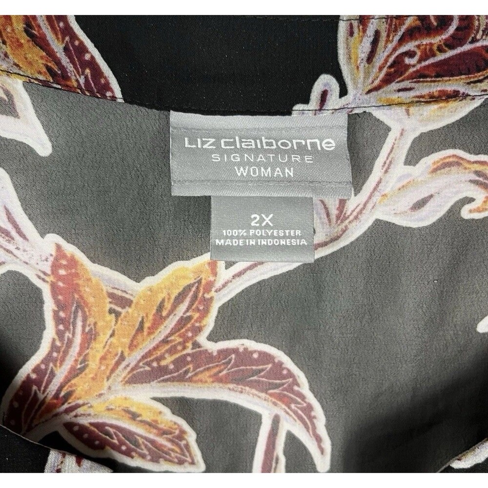 Liz Claiborne 2X Blouse Black Long Sleeve Floral Sheer Tunic Top Career Boho - Picture 7 of 8